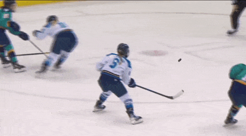 a hockey game is being played and the goalie is kneeling on the ice