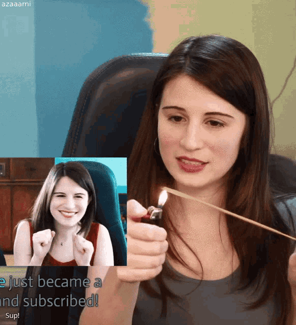 a woman holding a lighter next to a picture of herself