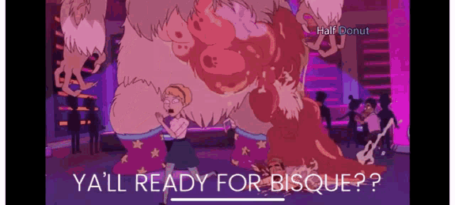 a cartoon of a girl standing next to a monster that says half donut on it .