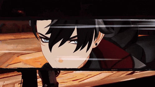 a black haired anime character with blue eyes