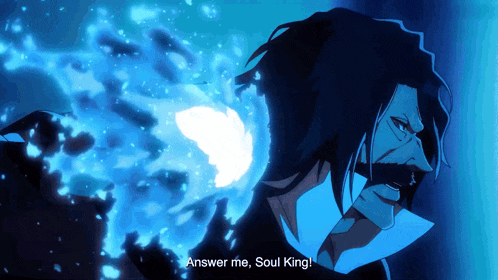 a cartoon character says answer me soul king in a dark room