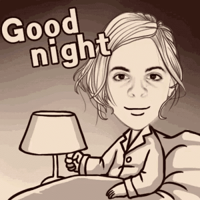 a cartoon of a woman laying in bed holding a lamp and saying good night .