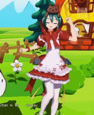 a cartoon girl with a cat on her head is dancing in a field