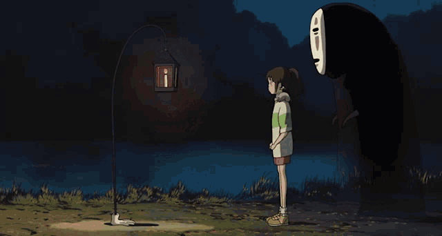 a cartoon drawing of a girl standing next to a giant monster