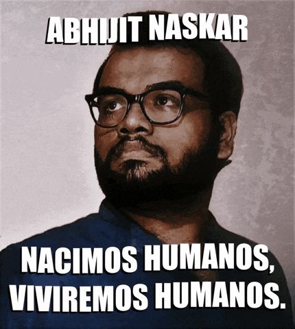 a poster of a man with glasses and the words " abhijit naskar " on it