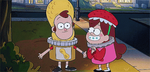 two cartoon characters standing next to each other wearing costumes