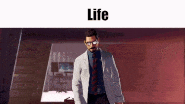 a man in a lab coat and tie is standing in a room with the word life written above him
