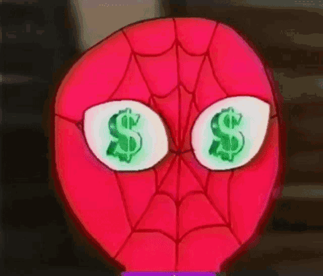 a close up of a spider man 's face with glowing dollar signs in his eyes .