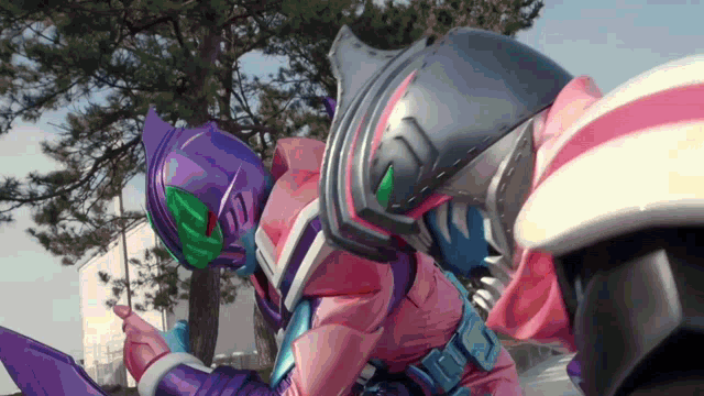 a purple and pink robot with a helmet on