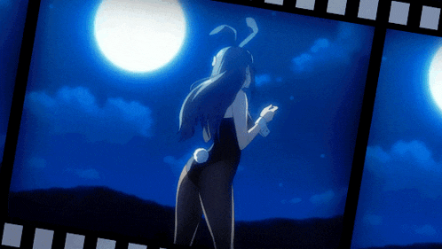 a girl in a bunny suit is standing in front of a moon