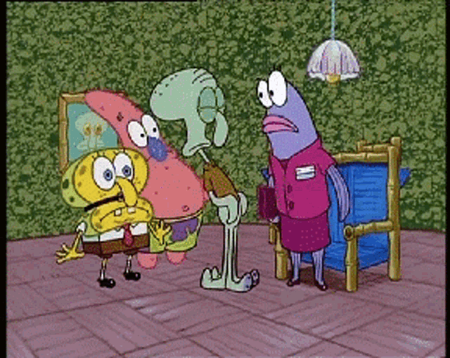 a cartoon of spongebob patrick and squidward standing next to a chair