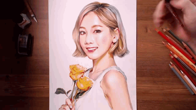 a drawing of a woman holding a bunch of roses