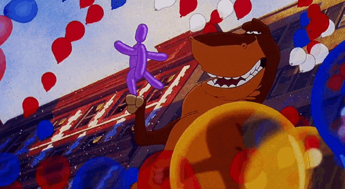 a cartoon drawing of a dog holding a purple balloon