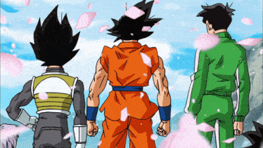 a cartoon of three men standing next to each other with petals flying in the background