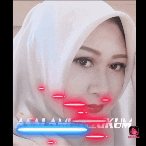 a woman wearing a white hijab with red and blue lights behind her and the words " salam " on the bottom