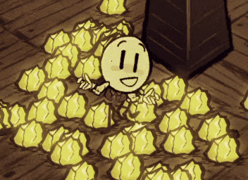 a cartoon character with a smile on his face is surrounded by yellow rocks