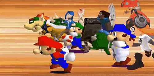 a group of cartoon characters including mario , luigi , and bowser are running in a race .