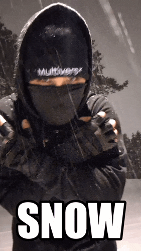 a person wearing a black hoodie and a multiverse beanie is standing in the snow