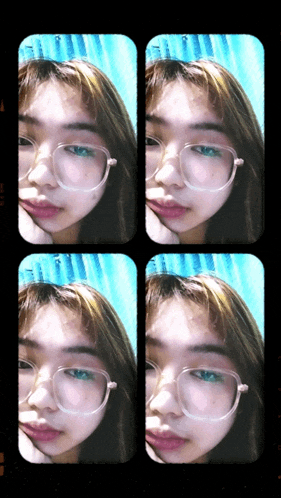 four images of a woman wearing glasses are displayed on a black background