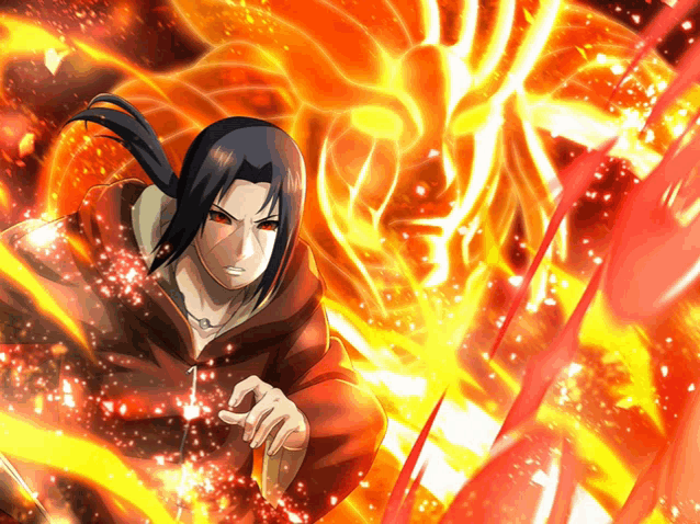 a cartoon character with red eyes is surrounded by flames and sparks
