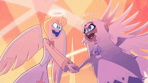 a cartoon angel with purple wings and a halo on his head .
