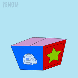 a penguin wearing a jester hat is coming out of a box with a star on it