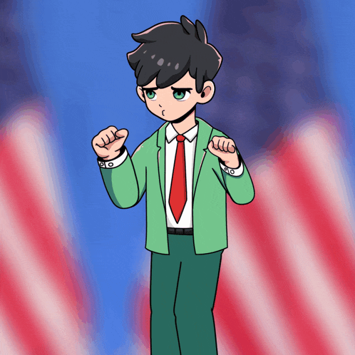 a cartoon drawing of a man in a suit and tie with a fist in the air