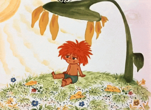 a child with red hair sits under a sunflower in a painting