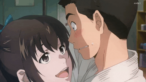 a man and a girl are looking at each other with the word nhke on the bottom