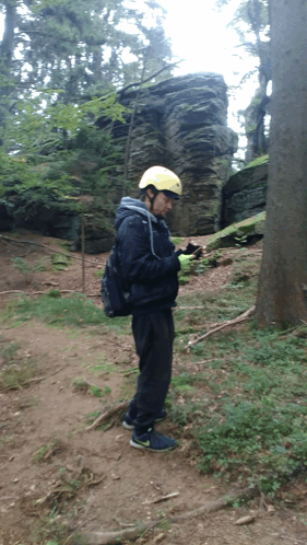 a man wearing a yellow helmet is standing in a forest