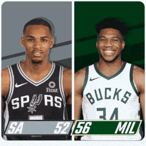 two basketball players from the bucks and the spurs are standing next to each other