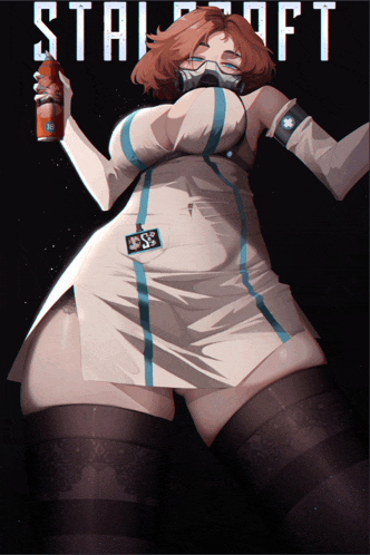a woman in a white dress is holding a can that says stalesoft