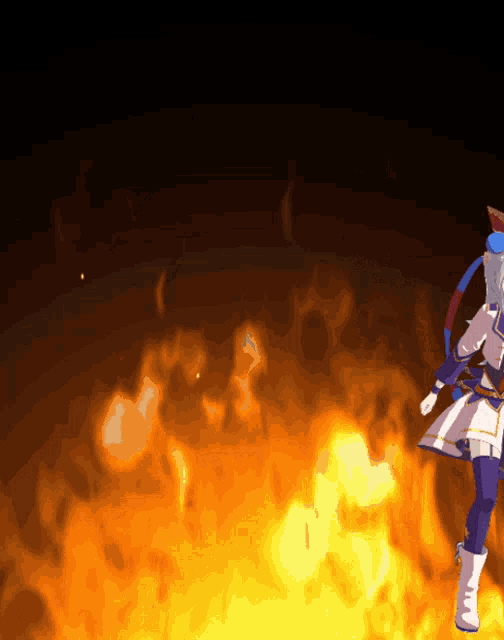 a cartoon character stands in front of a large fire