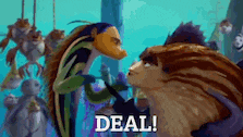 a couple of cartoon characters are standing next to each other and the word deal is on the bottom of the image .