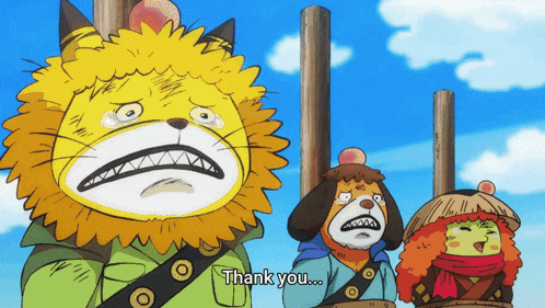 a cartoon character says thank you in front of two other characters