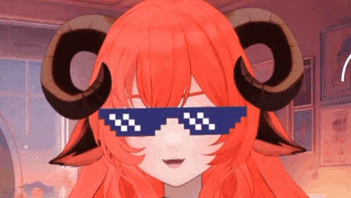 a girl with horns is wearing a pair of pixelated sunglasses