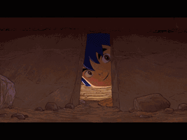 a pixel art drawing of a boy crawling on the ground in front of a stone wall