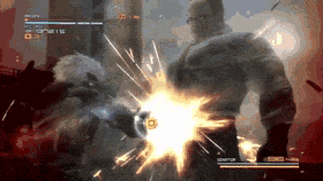 a video game screen shows a man being punched by a monster