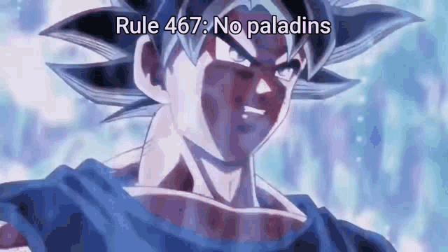 a close up of a person 's face with the words `` rule 467 : no paladins '' written on it .