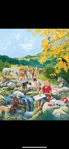 a painting of a girl sitting by a stream with animals