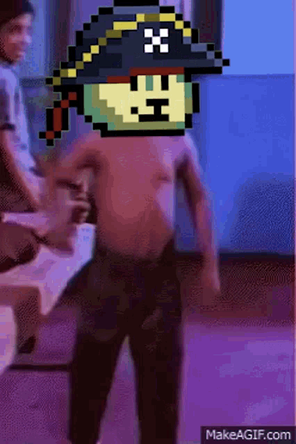 a pixel art of a shirtless man with a pirate hat on his head .