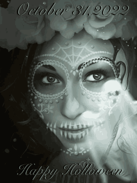 a black and white photo of a woman 's face with the date october 31 2022