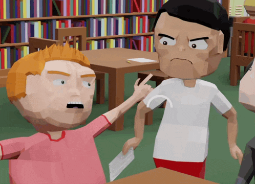 a man in a white shirt is pointing at another man in a red shirt