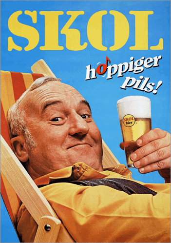 an advertisement for skol beer shows a man laying in a chair holding a glass