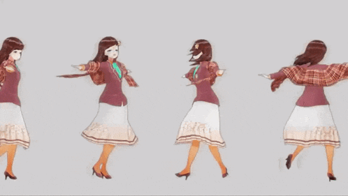 a woman in a plaid shirt and skirt is dancing with her arms outstretched