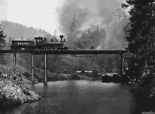 a train is going over a bridge over a river in a black and white photo .
