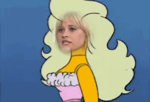 a cartoon of a woman with blonde hair and a pink top