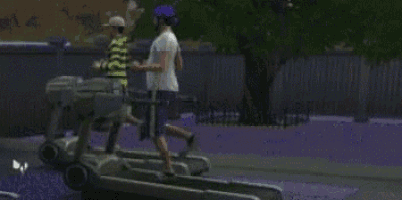 a man is riding a treadmill in a video game while wearing a blue hat .