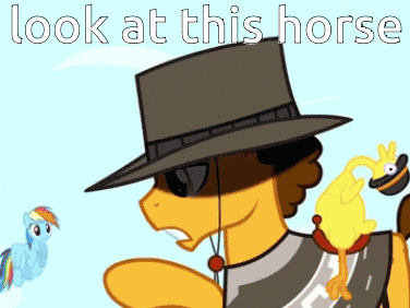 a cartoon of a horse wearing a hat and sunglasses with the words look at this horse below it