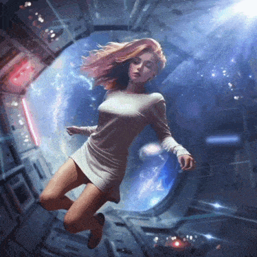 a woman in a white dress floating in space